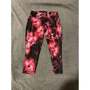 Danskin Now Leggings Womens XS Floral Pink Black Capri Cropped Stretch Gym